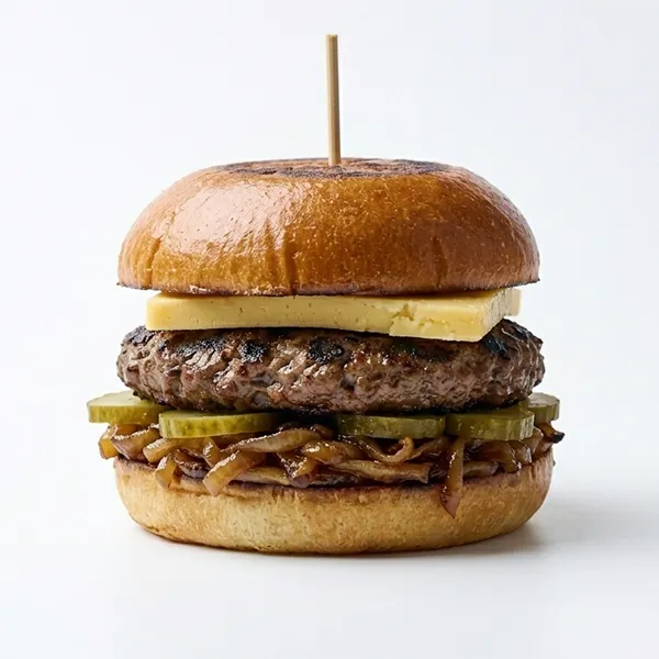 British Muture Cheddar  Beef Burger With Pickles & Caramelized Onion